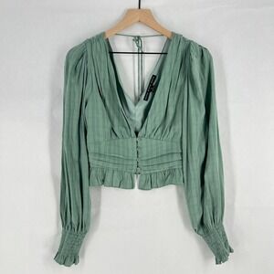 Hyfve Cropped Top Womens Medium Green Lined Smocked Preppy V-Neck Puff Sleeve